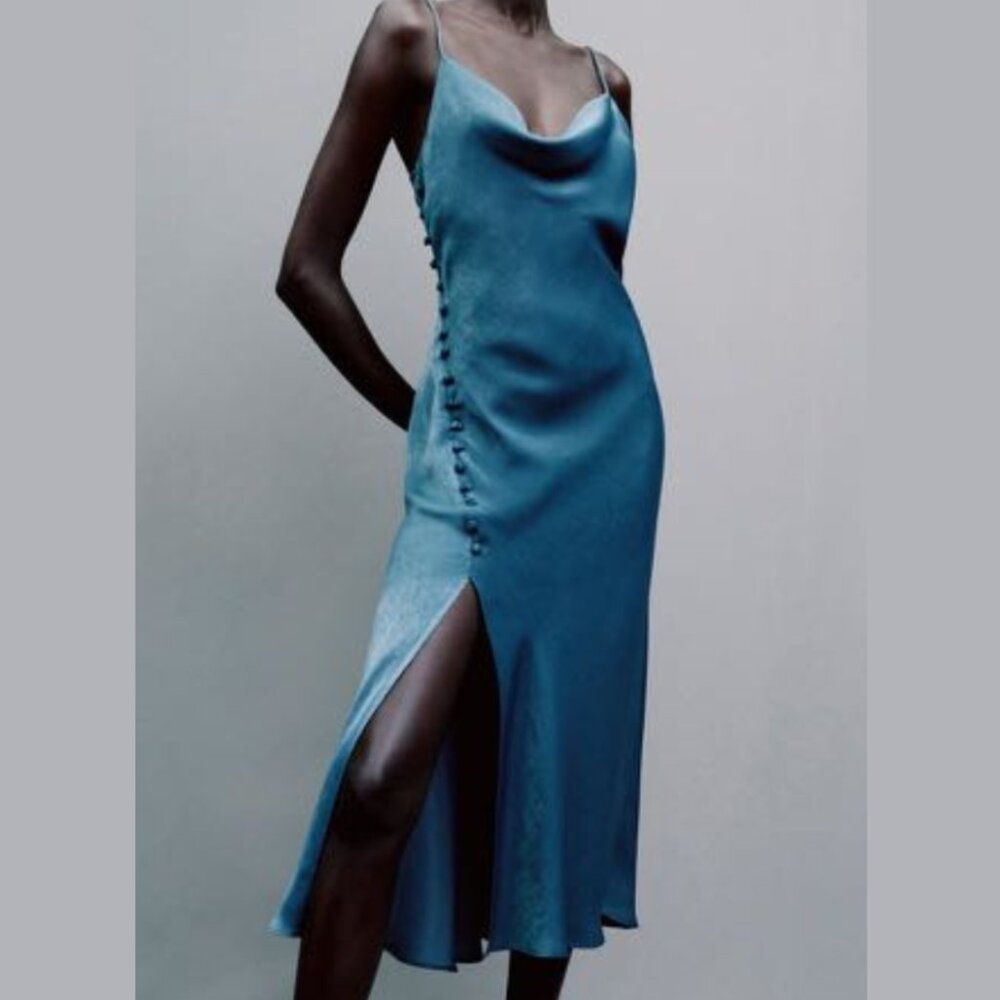 LUX230 Zara Black Silk Satin Cowl Neck Slip Dress |‎ Midi Cami Dress – Size L